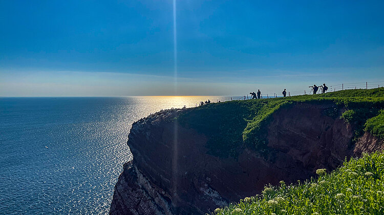 Blick über die Steilküste am Lummenfelsen auf Helgoland mit Nordsee und Vogelbeobachtern am Klippenrand