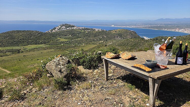 Weinverkostung mit Blick über die Weinberge von Mas Marès und die Bucht von Roses im Naturpark Cap de Creus